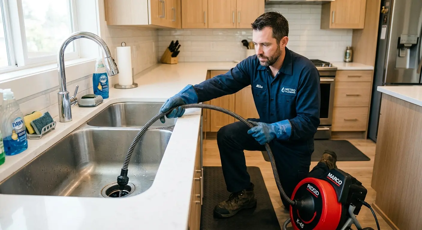 Drain cleaning technician using a motorized snake on a kitchen sink in Huntingburg