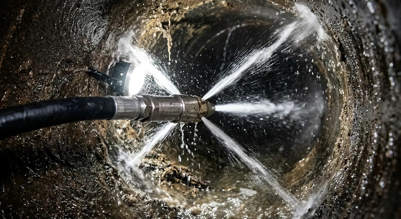 High-pressure hydro jetting nozzle cleaning sewer pipe for Emergency Drain Service in Huntingburg