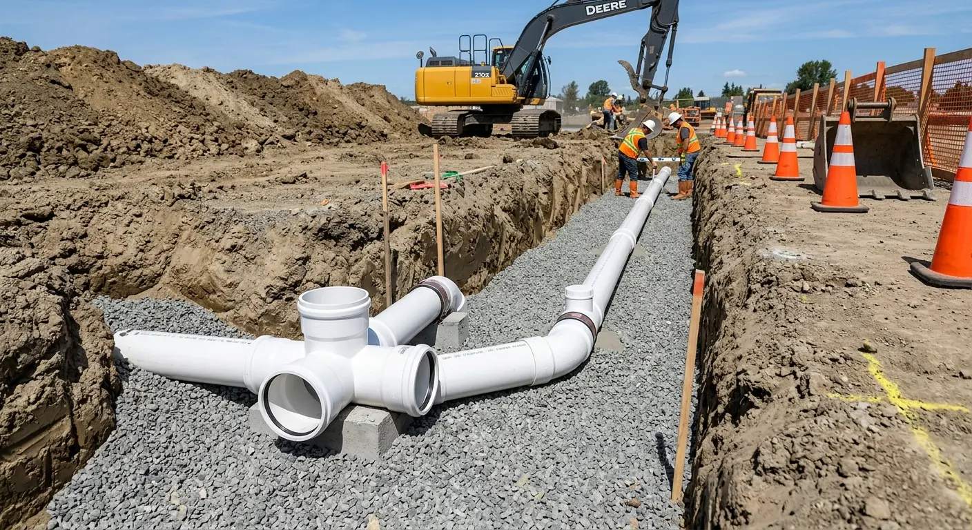 New PVC sewer pipe installation in open trench for Sewer Backup in Huntingburg