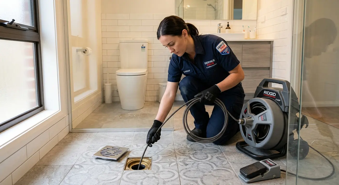 Technician clearing a bathroom floor drain for Drain Cleaning in Huntingburg